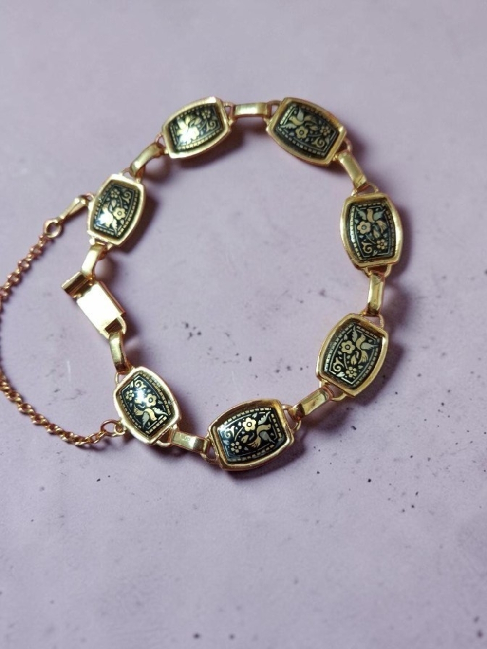 Damascene Gold-Tone Black Enamel Floral Bird Link Bracelet Excellent Condition